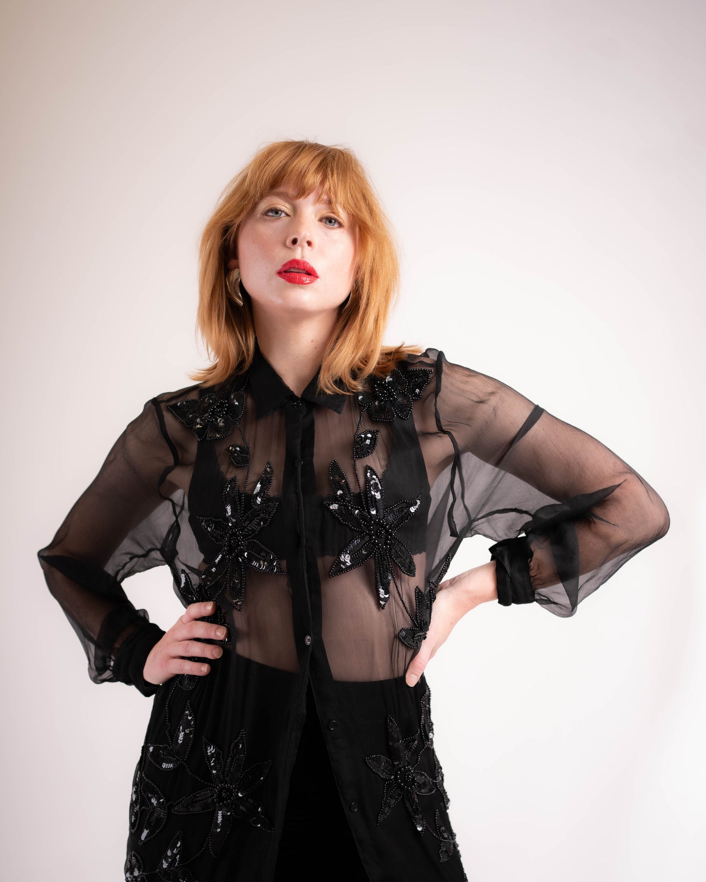 Rina Z silk sheer beaded blouse