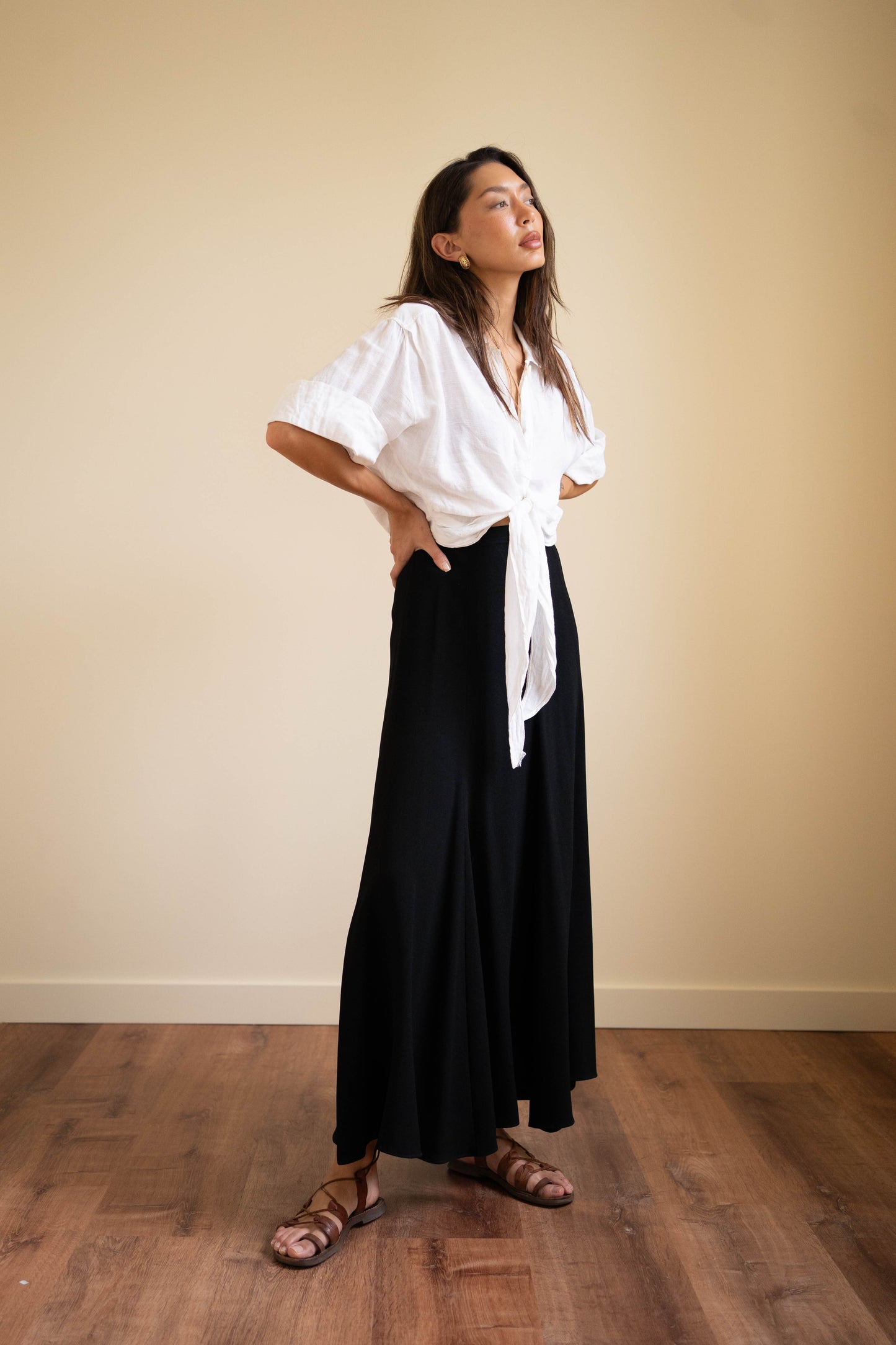 Zelda black crepe draped ankle skirt