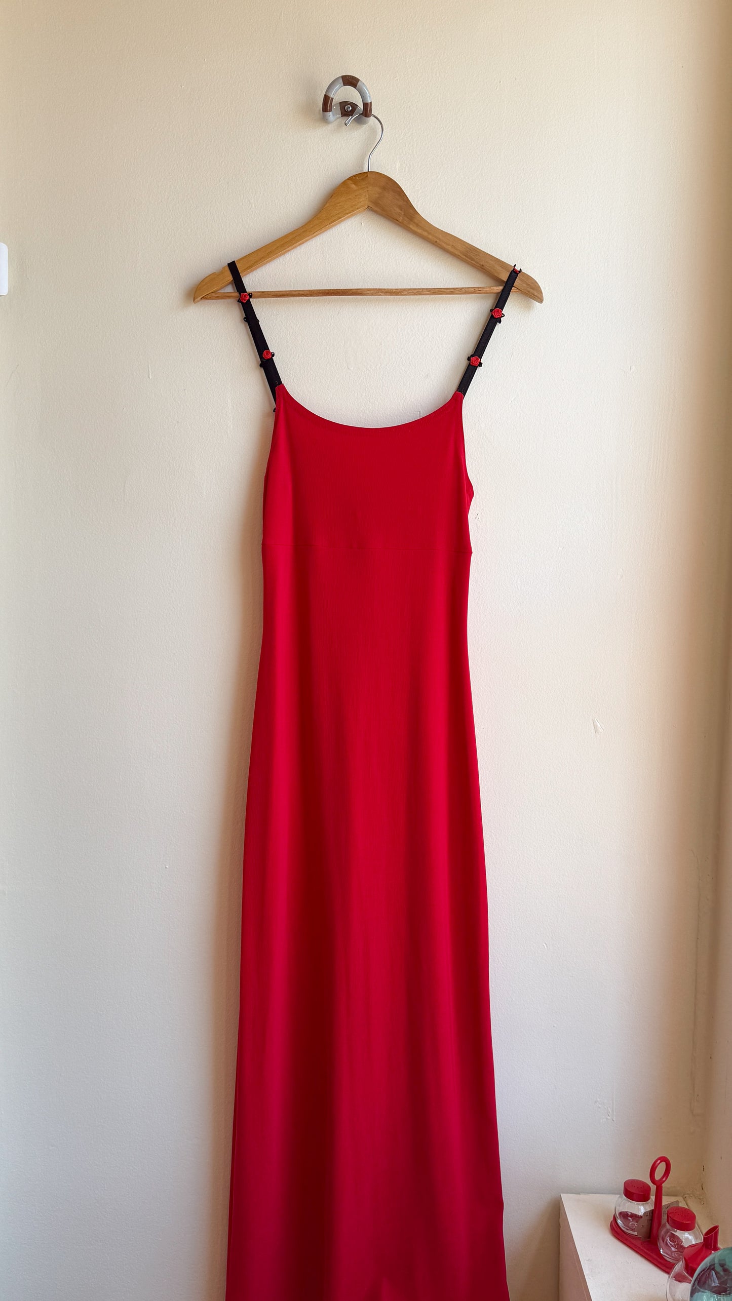 IN San Fran red gown w rosette straps