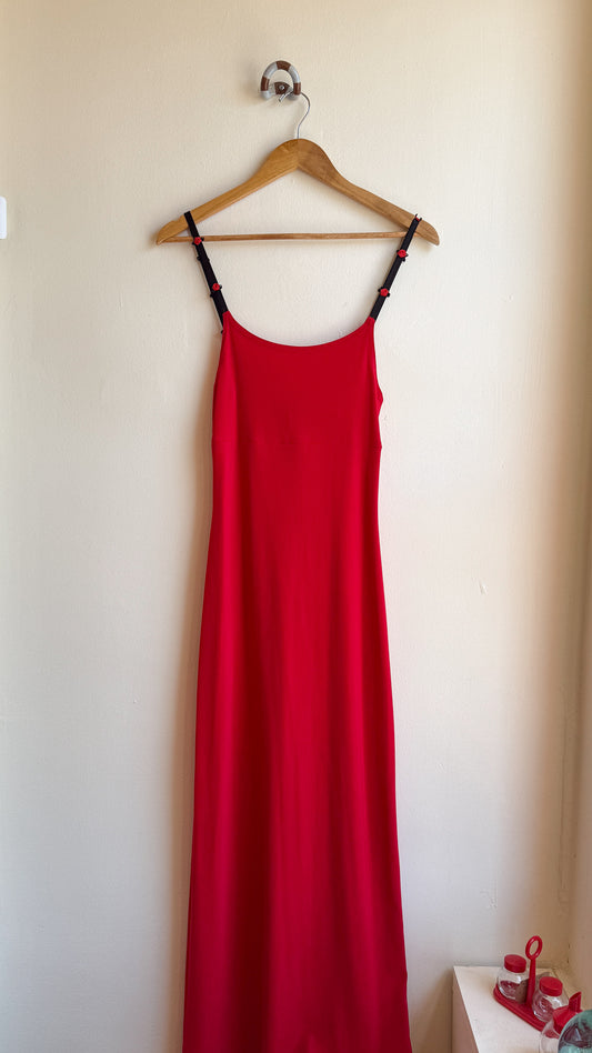 IN San Fran red gown w rosette straps