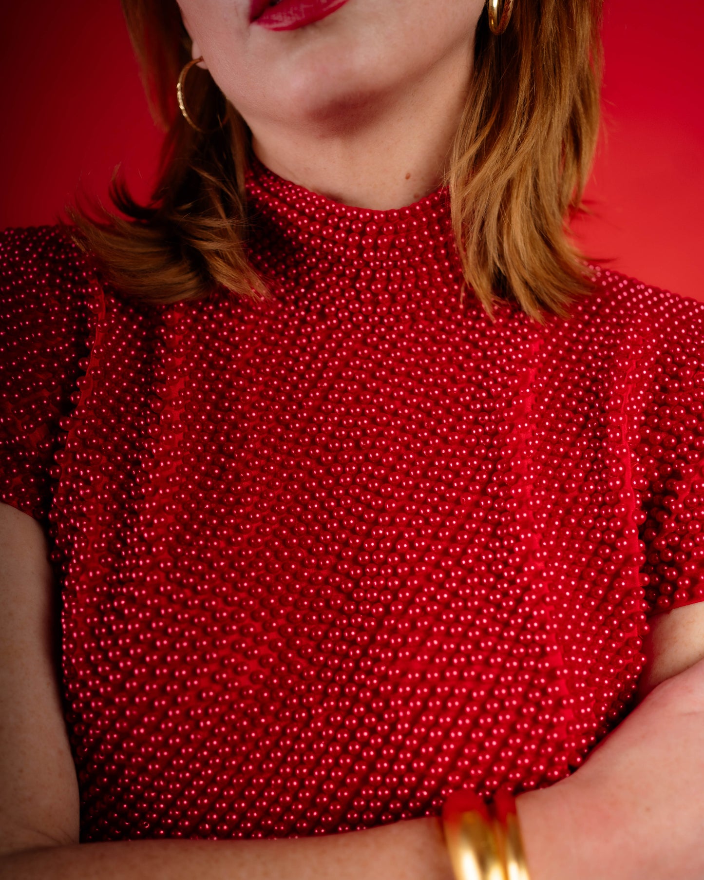 Caché beaded mock neck crop top