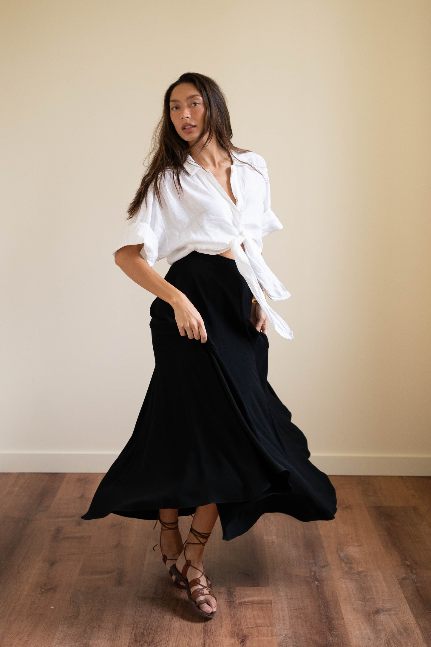 Zelda black crepe draped ankle skirt