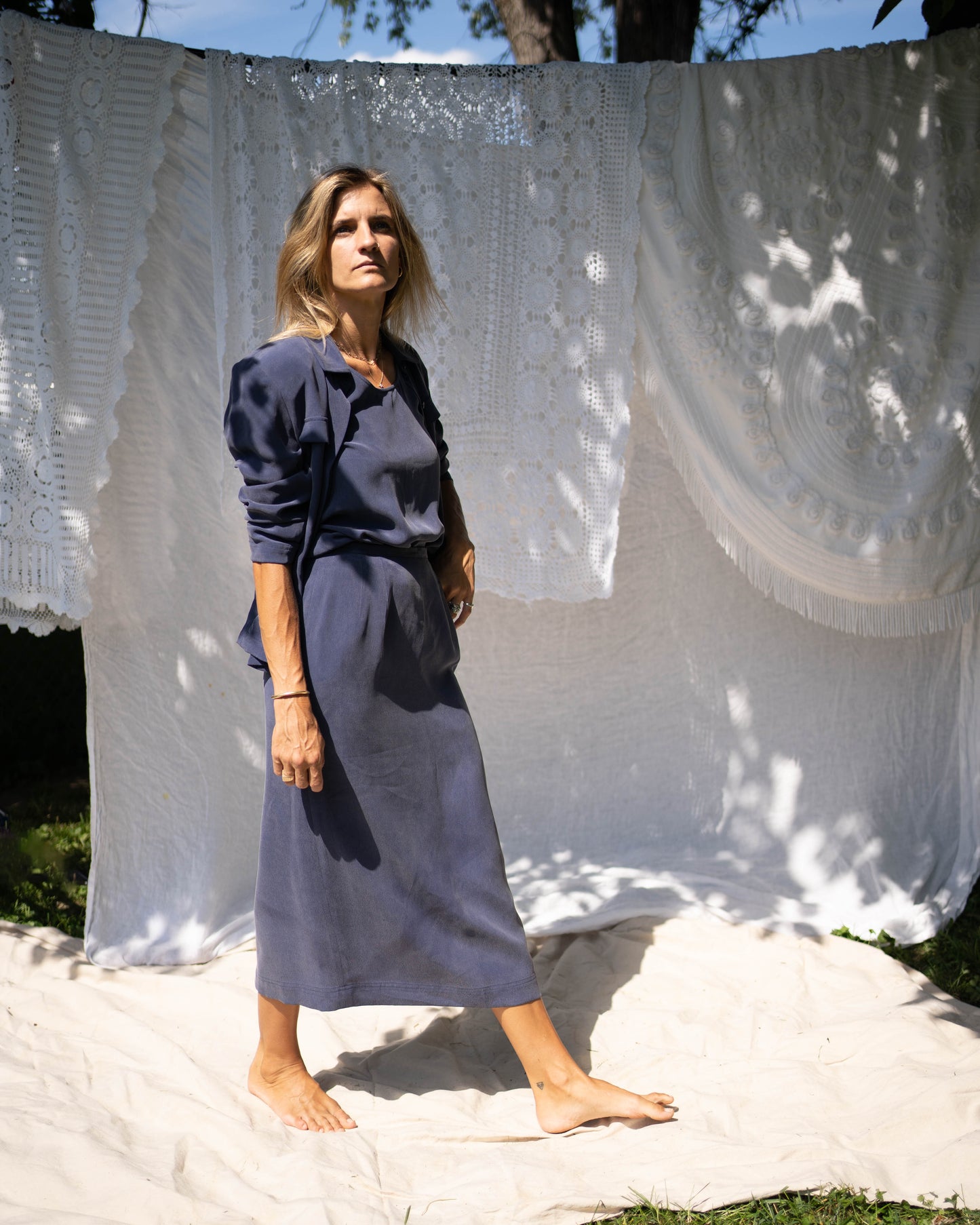 Navy brushed silk three-piece set