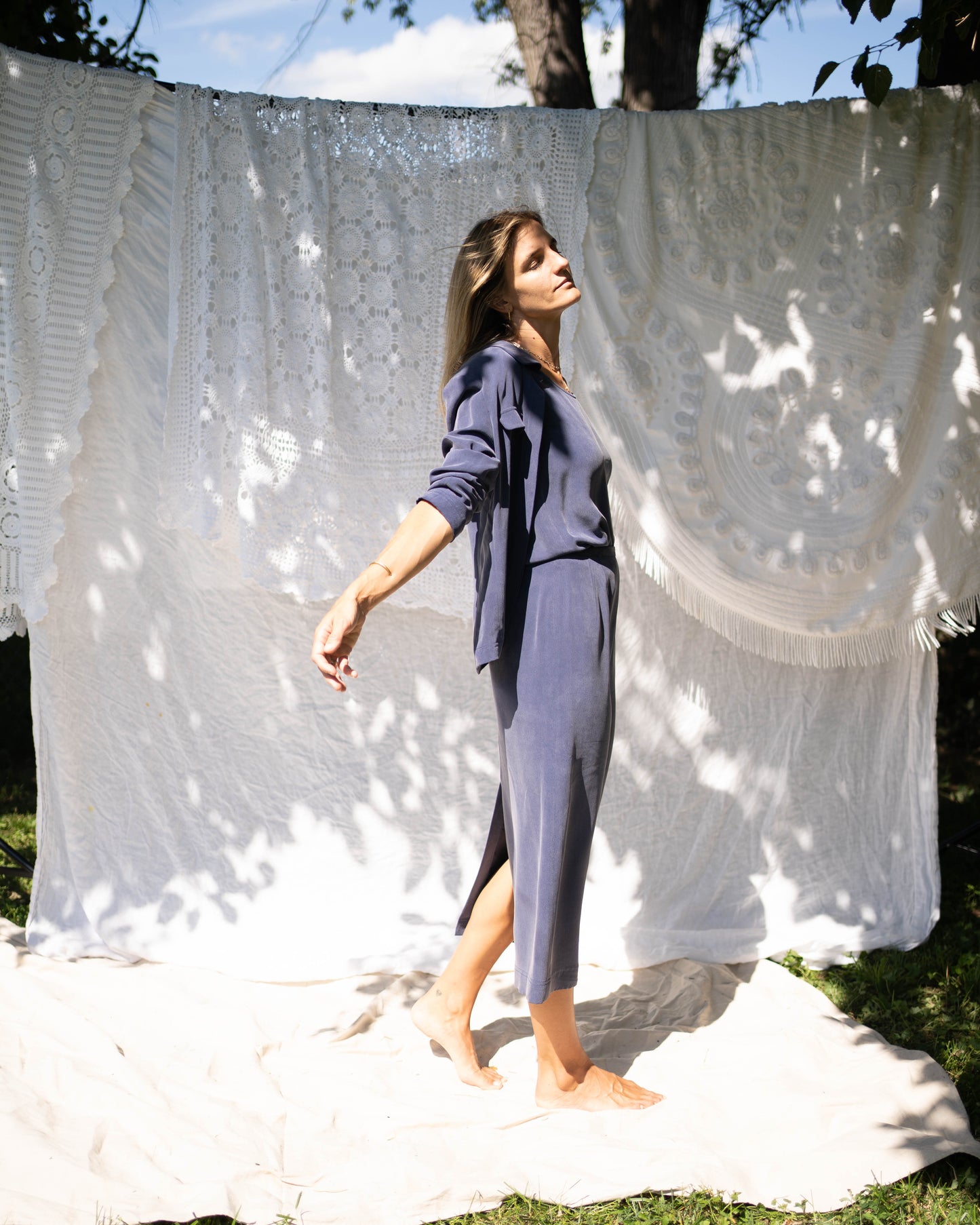 Navy brushed silk three-piece set