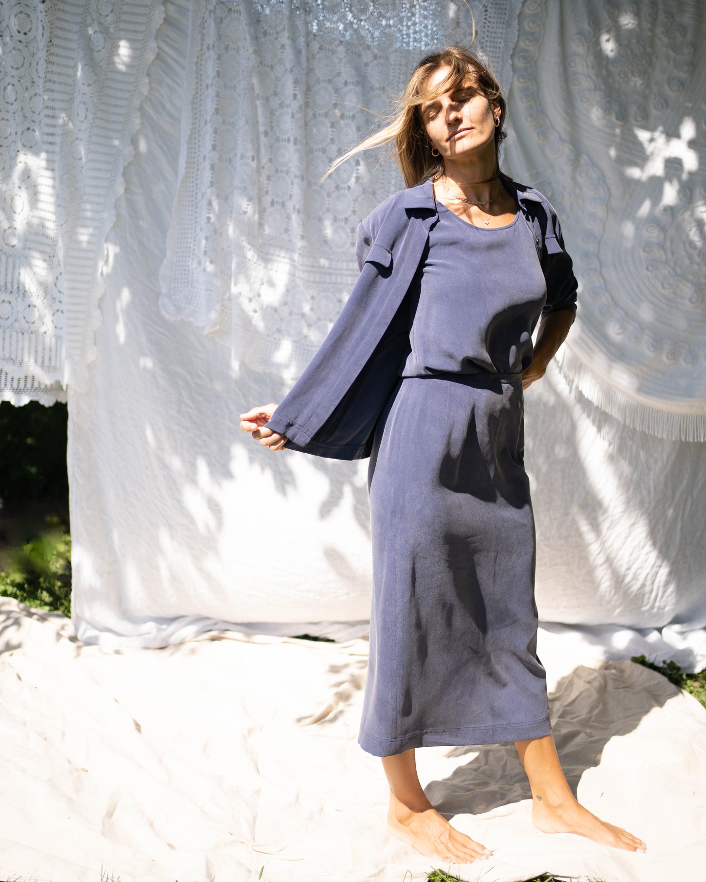 Navy brushed silk three-piece set