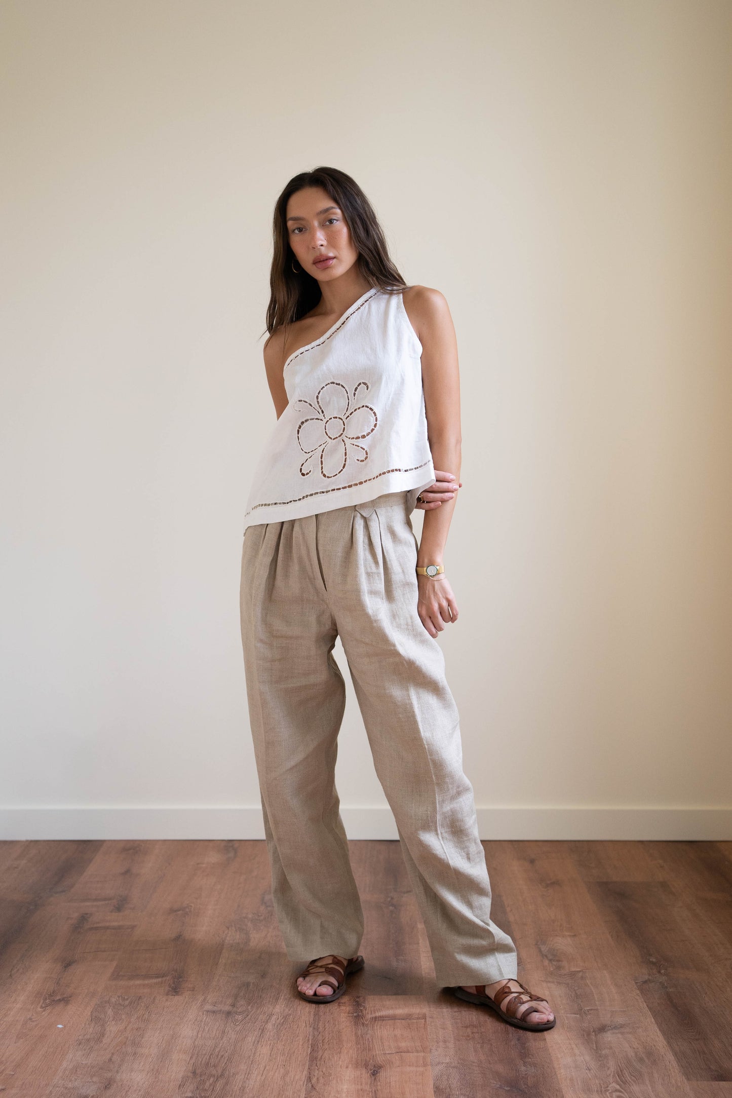 Oatmeal pleated linen trousers