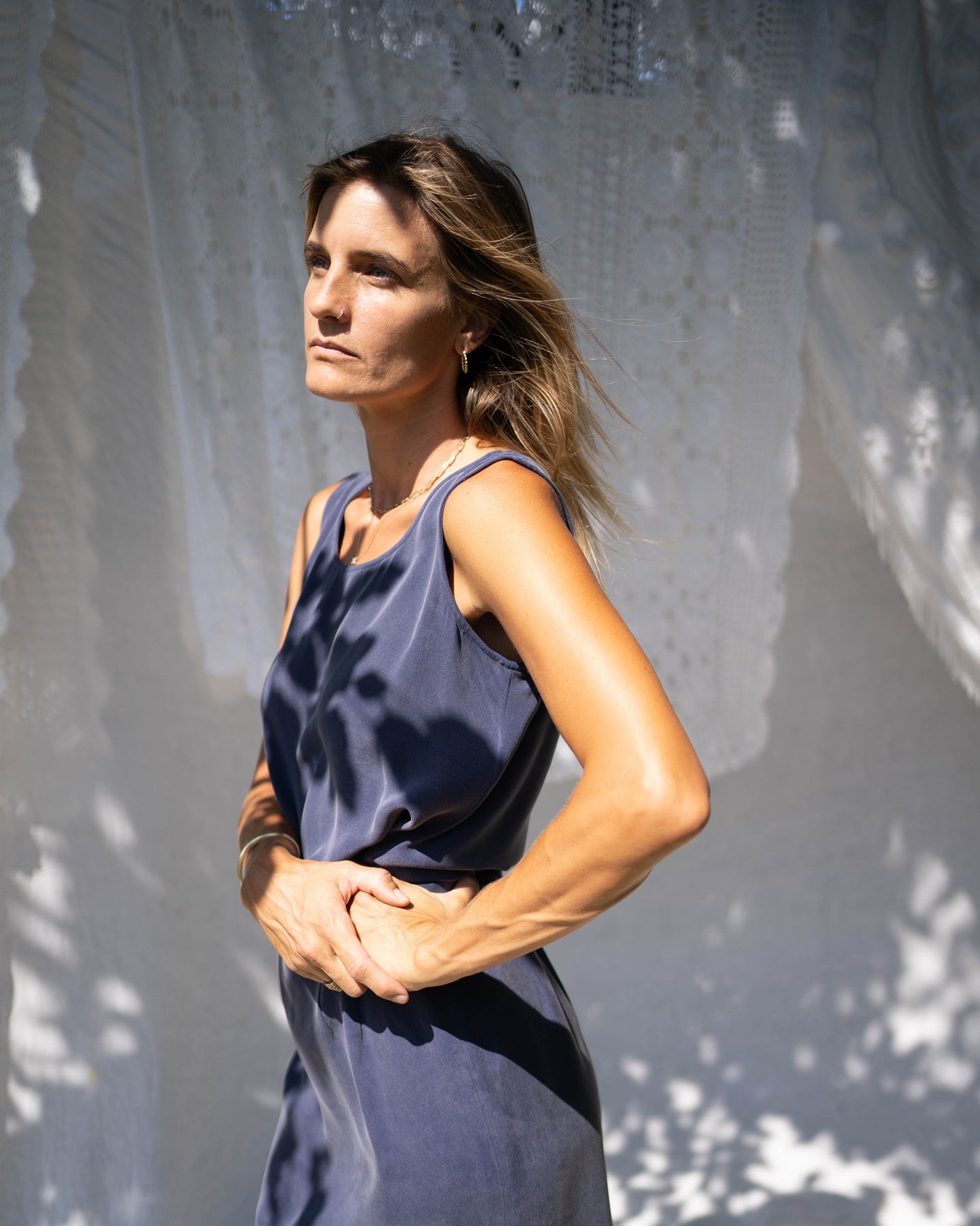Navy brushed silk three-piece set