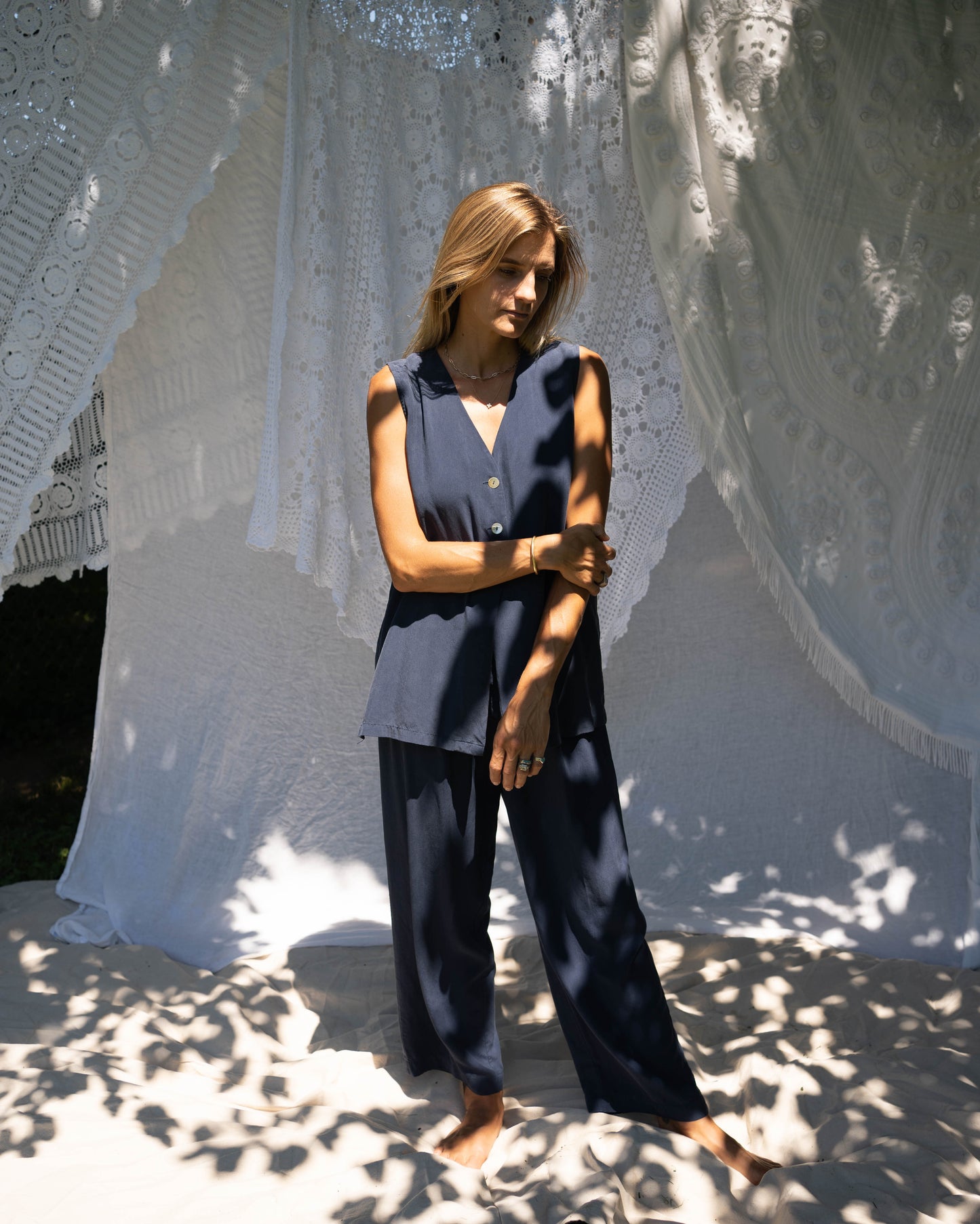 Clio navy silk vest set
