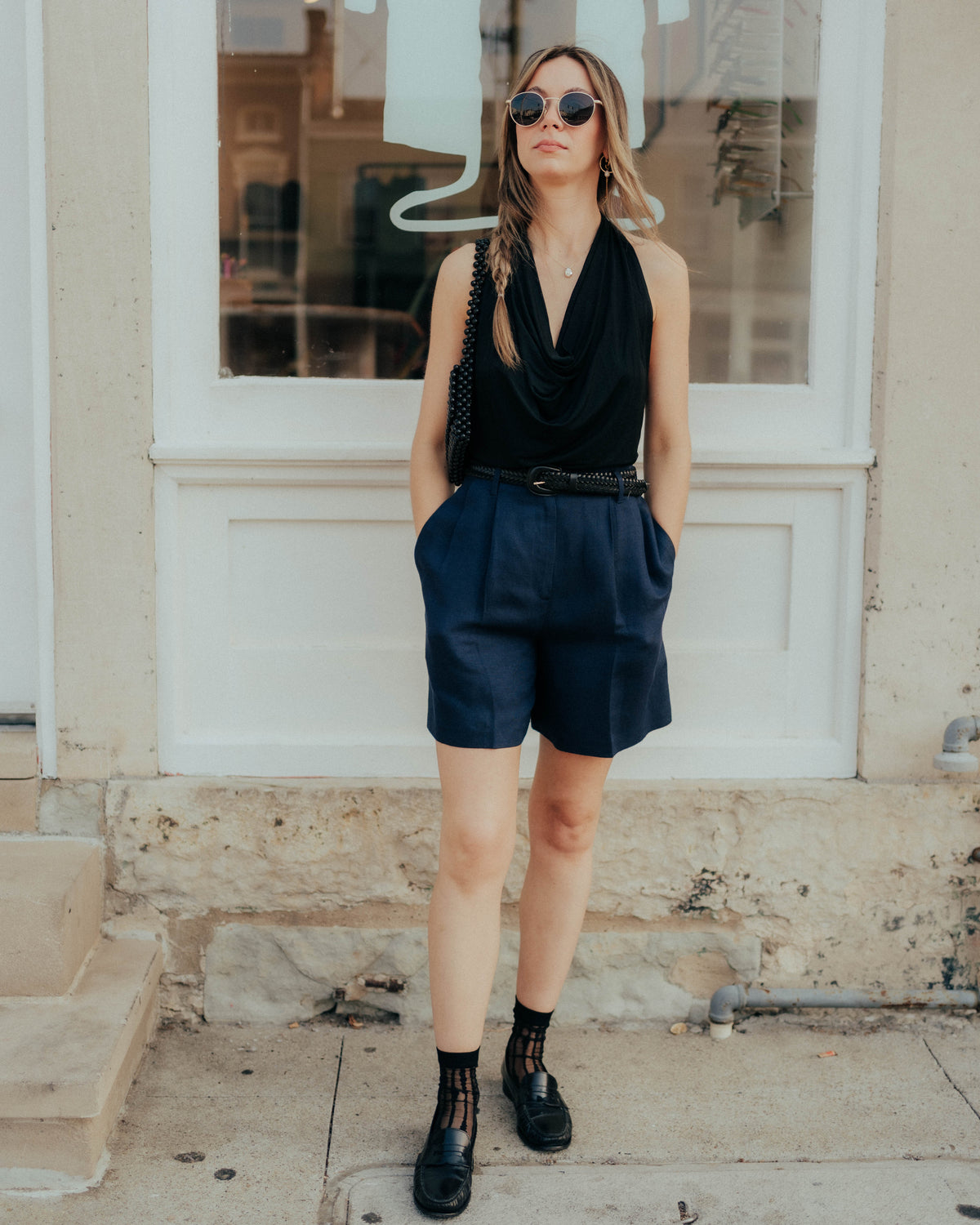 Black cowl neck top