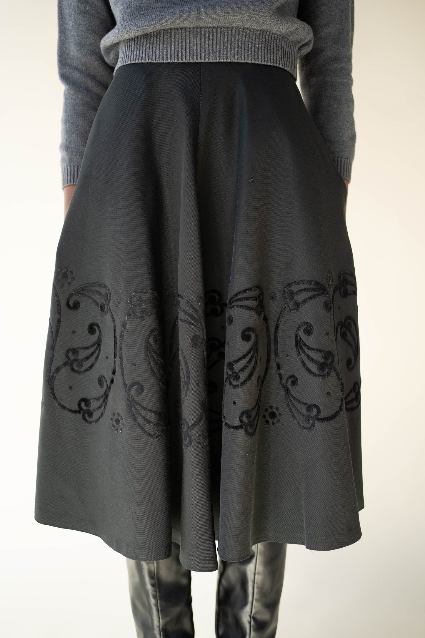 Andreana black velvet detail circle skirt - pockets!