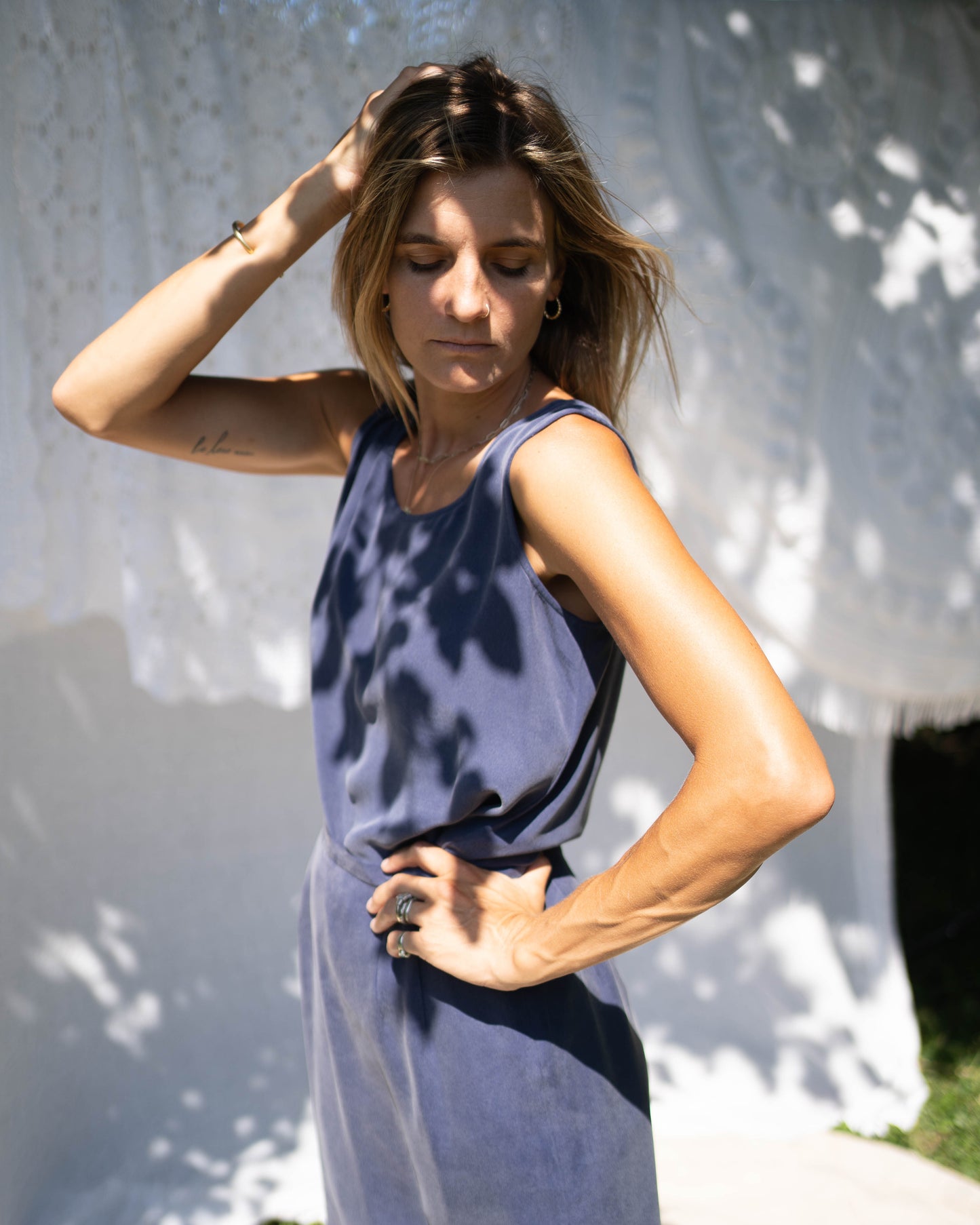 Navy brushed silk three-piece set