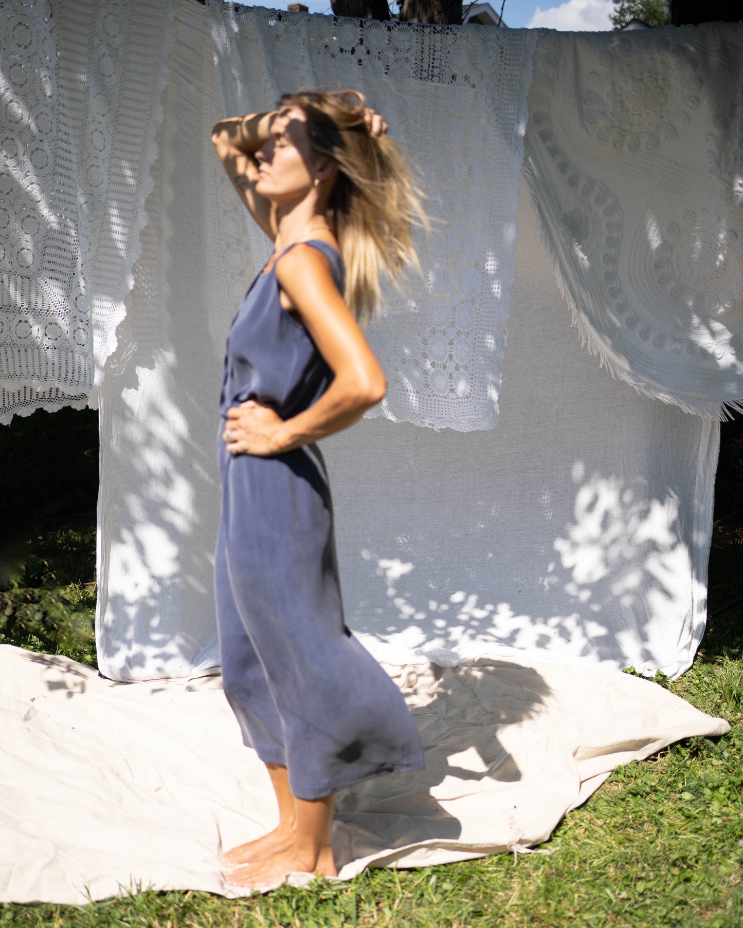 Navy brushed silk three-piece set