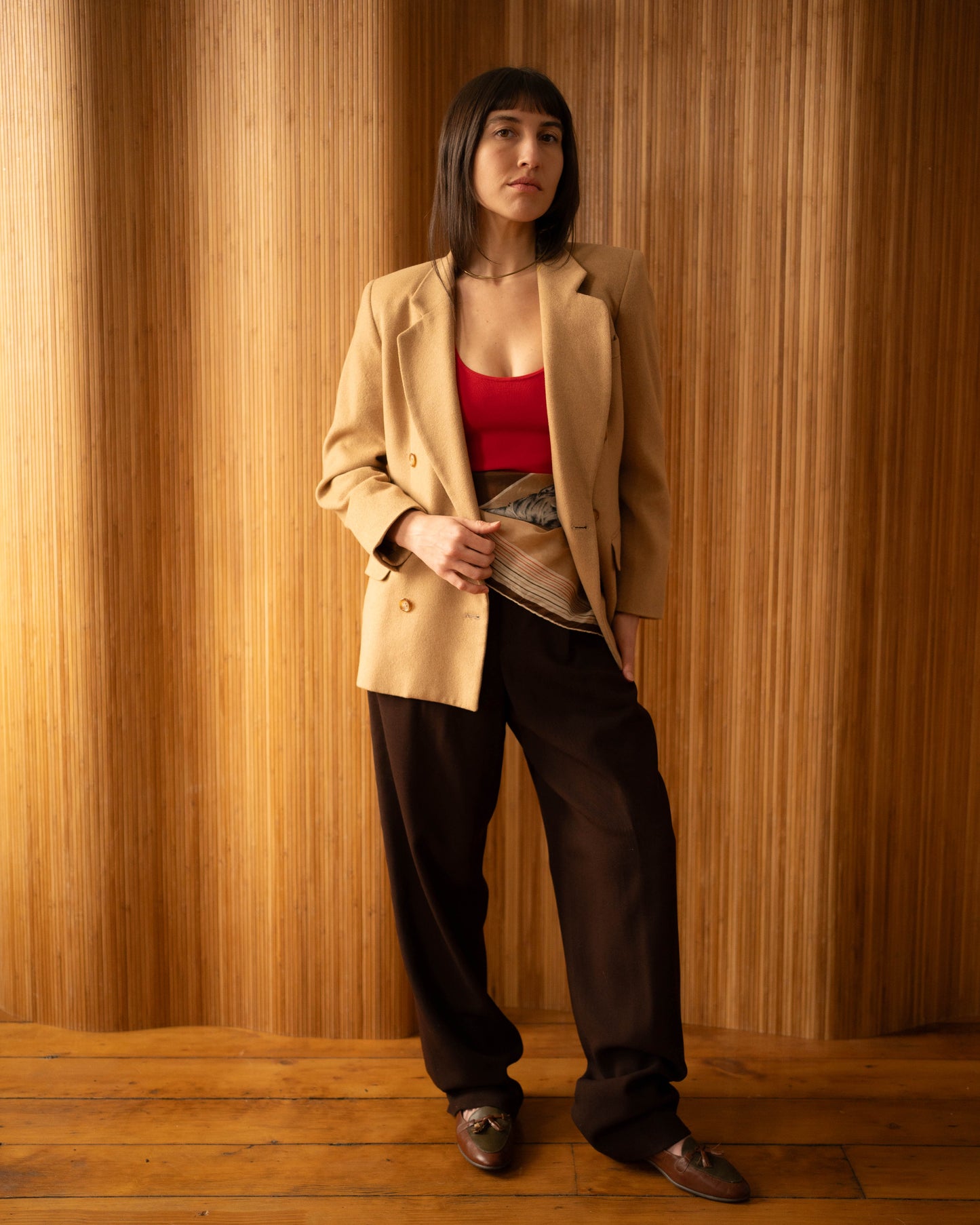 Tan camel hair double breasted blazer