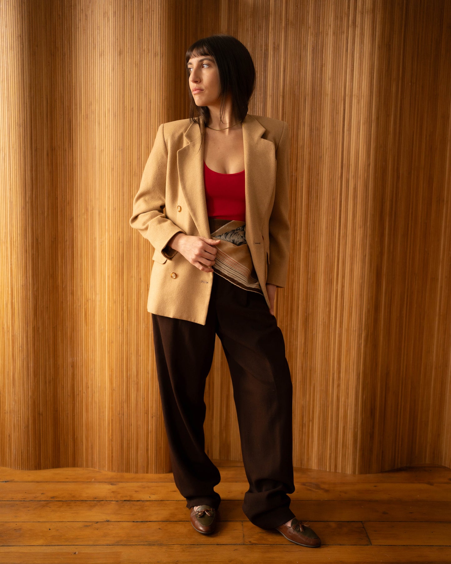 Tan camel hair double breasted blazer