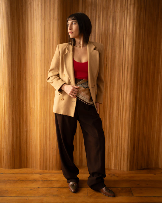 Tan camel hair double breasted blazer