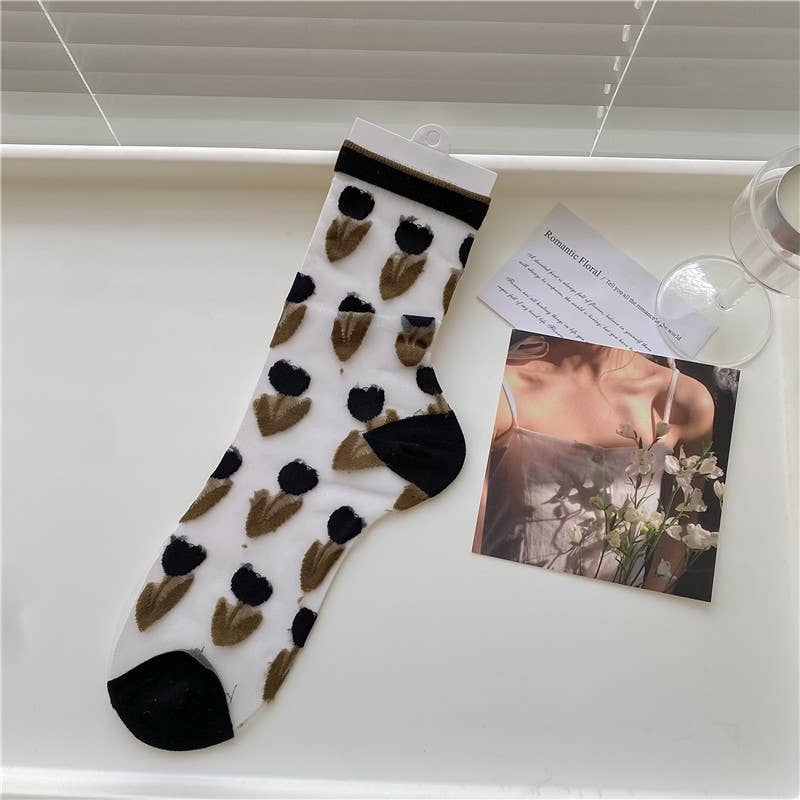 Black Tulip Sheer Mesh Socks: Flowers / M
