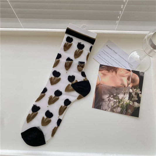 Black Tulip Sheer Mesh Socks: Flowers / M