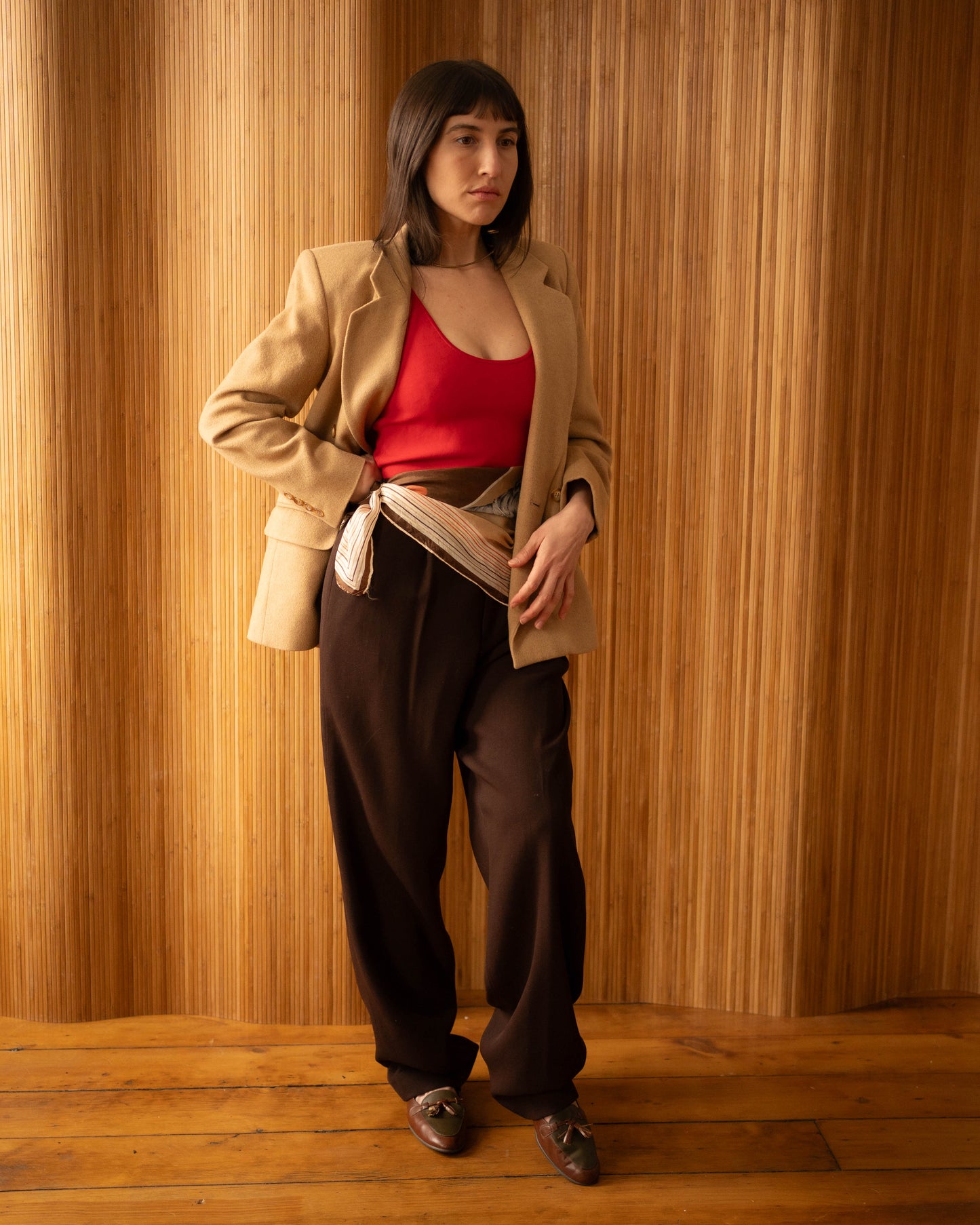 Tan camel hair double breasted blazer