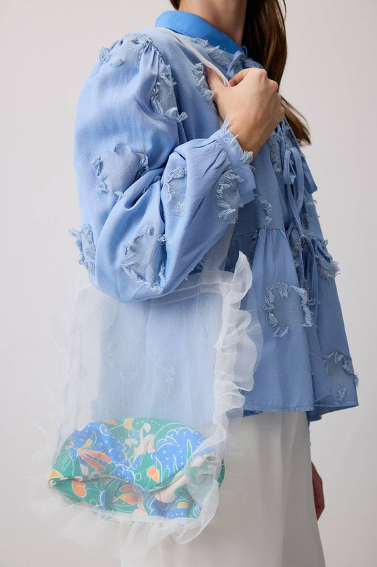 Sheer Organza Tote with Ruffle Trim