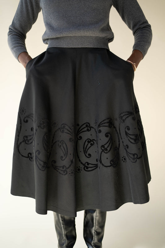 Andreana black velvet detail circle skirt - pockets!