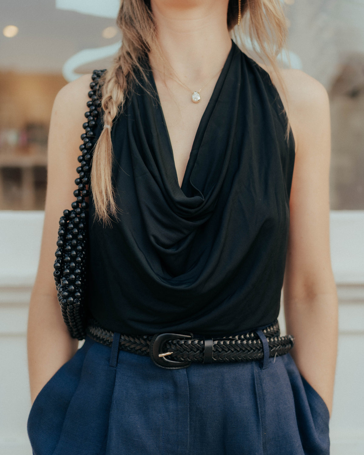 Black cowl neck top