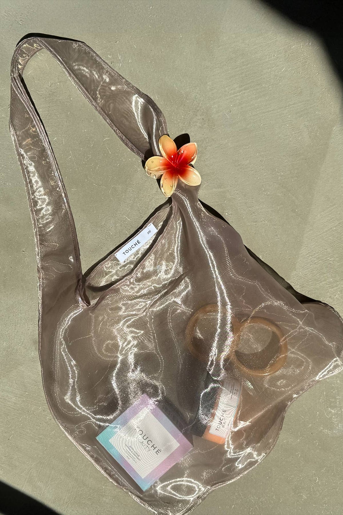Sheer Wide Strap Organza Shoulder Tote: Khaki