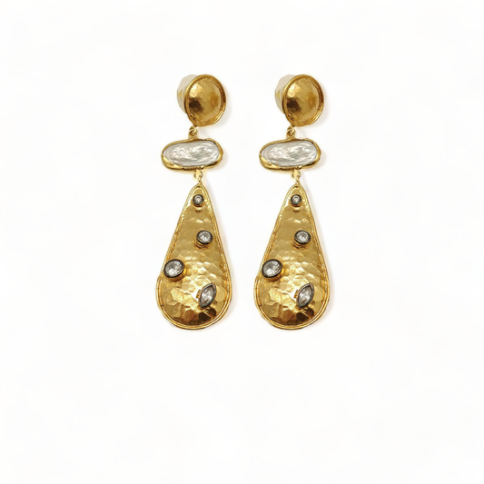 Pearl and Diamond Handmade Hammered Dangling Gold Earrings
