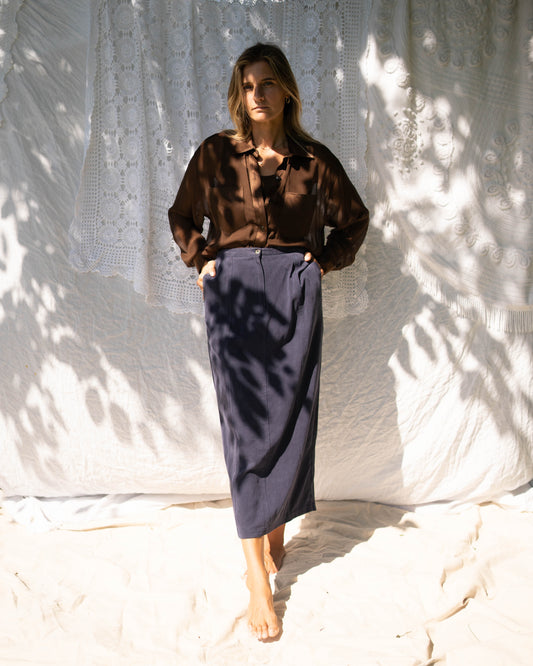 Cynthia Max navy cupro midiskirt