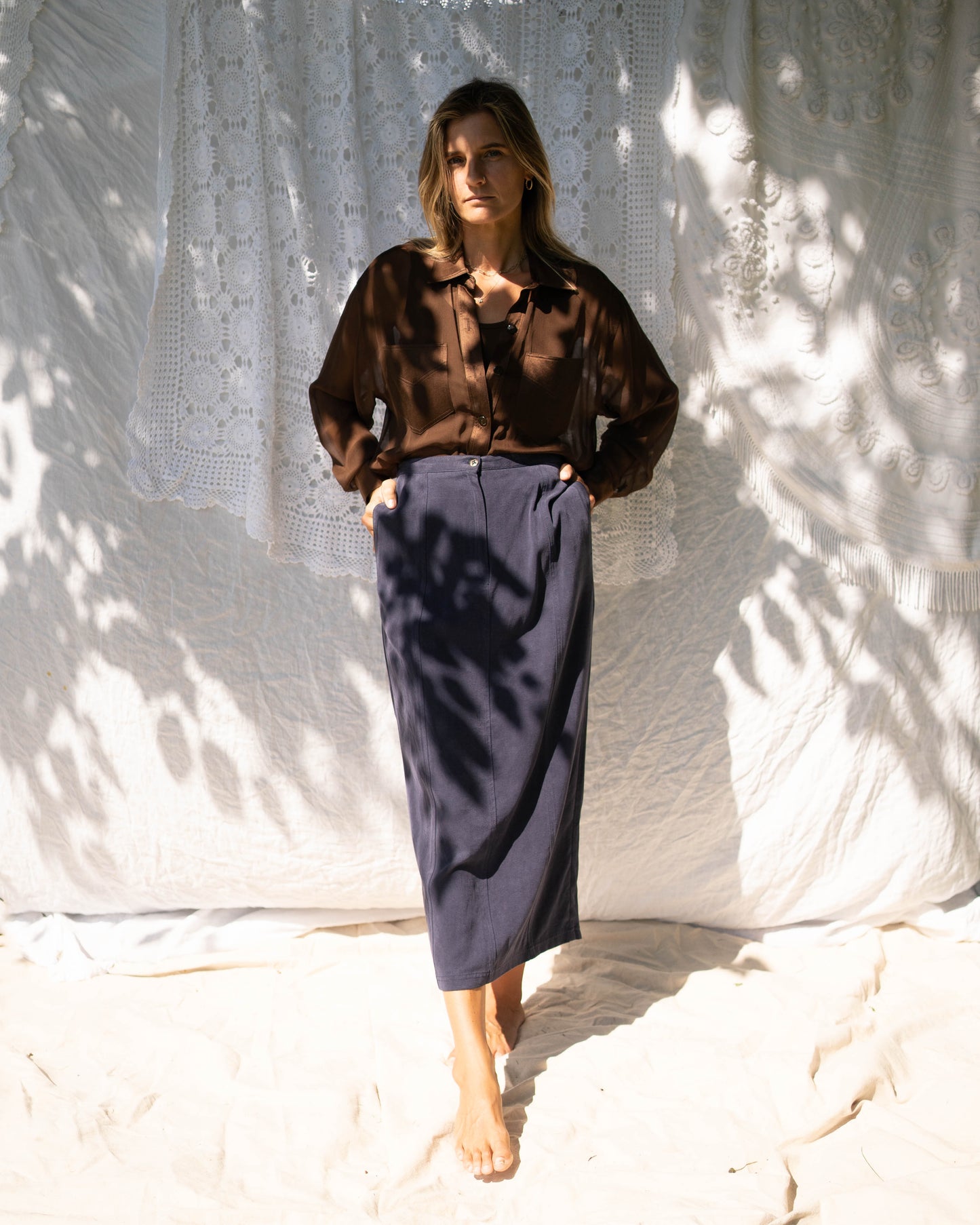 A'nue brown sheer silk bodysuit