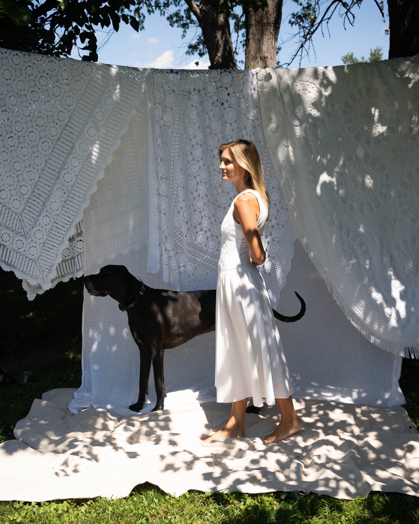 White ramie cutwork-front drop waist dress
