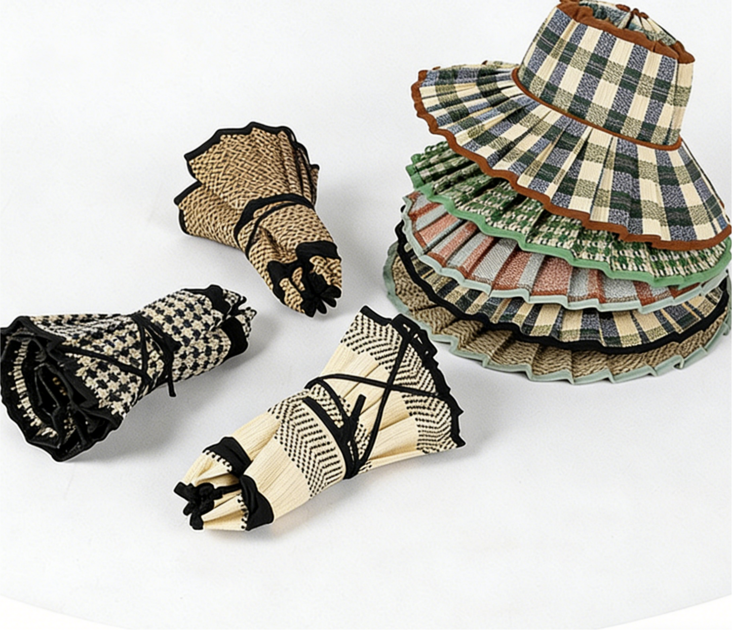 Checkered Straw Sun Hat: Coffee/navy/green