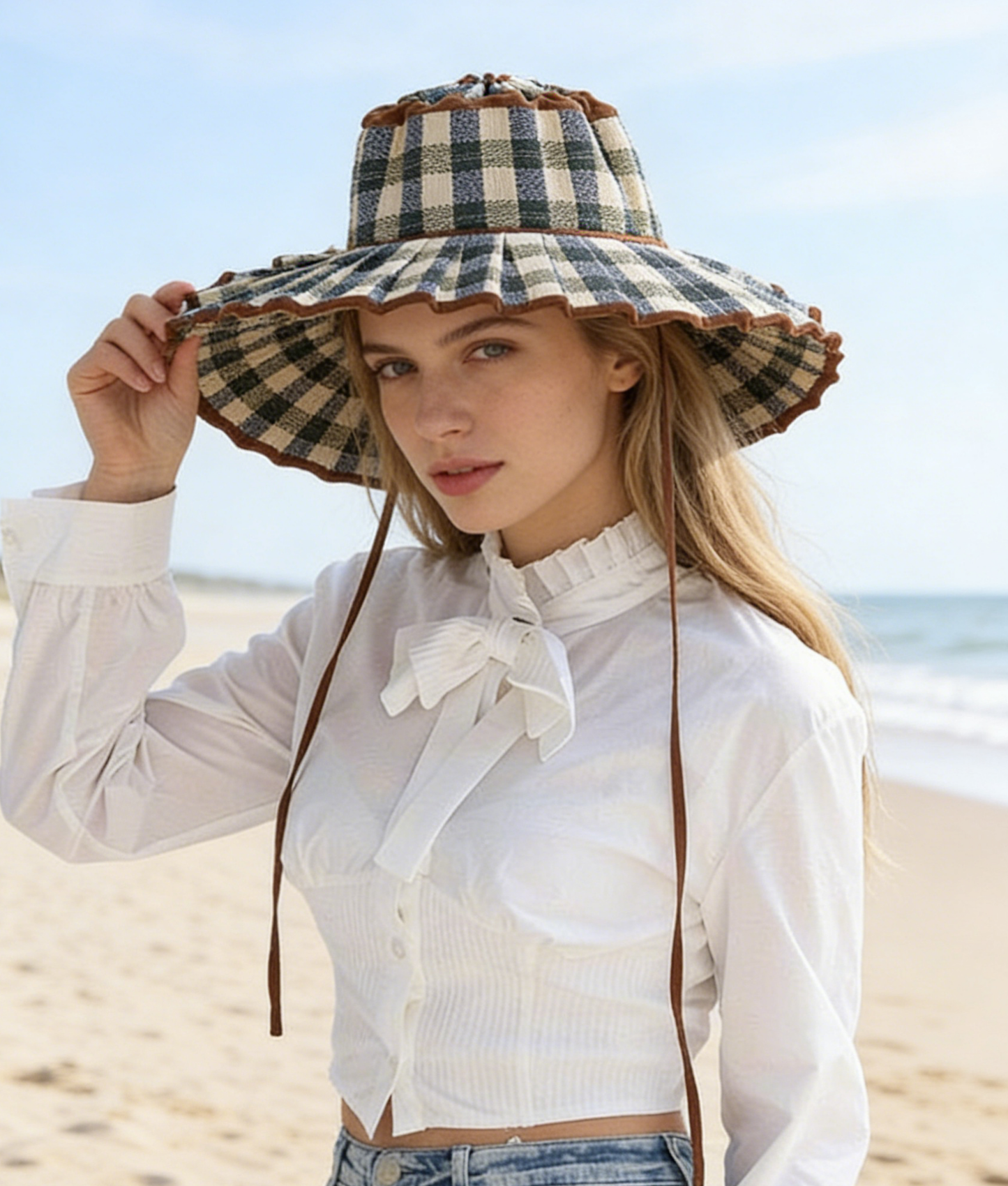 Checkered Straw Sun Hat: Black/navy/green