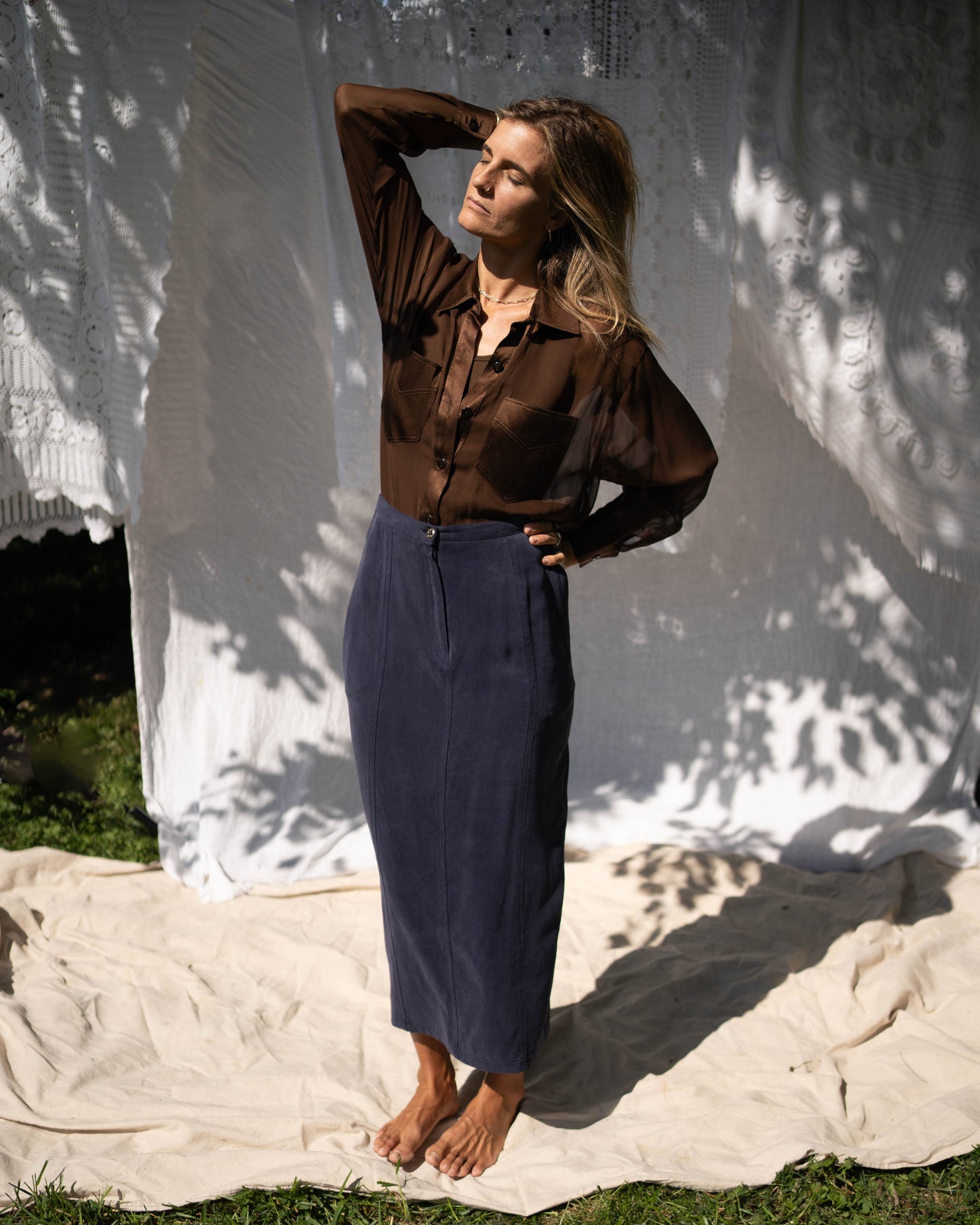 A'nue brown sheer silk bodysuit