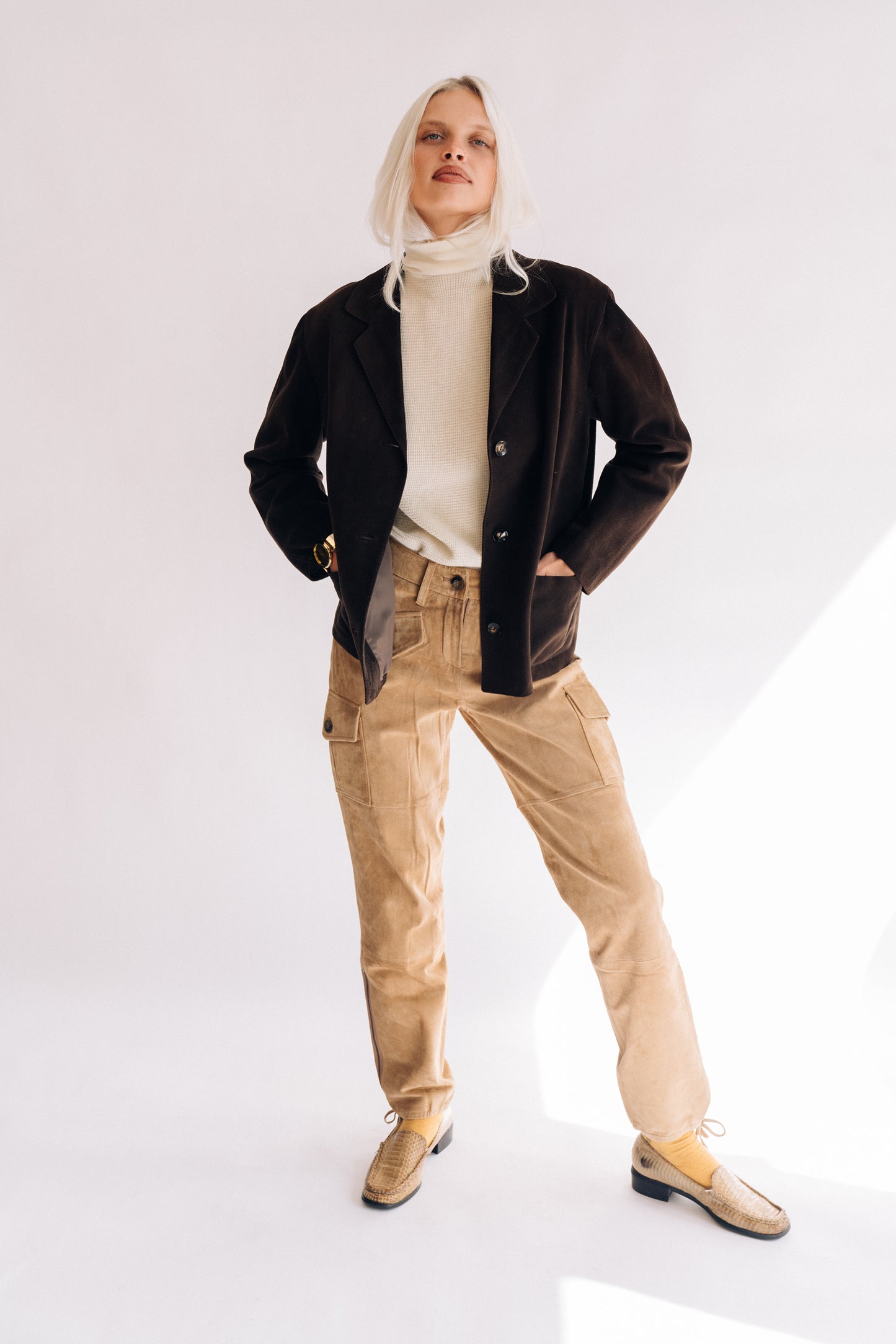 Camel suede cargo pants