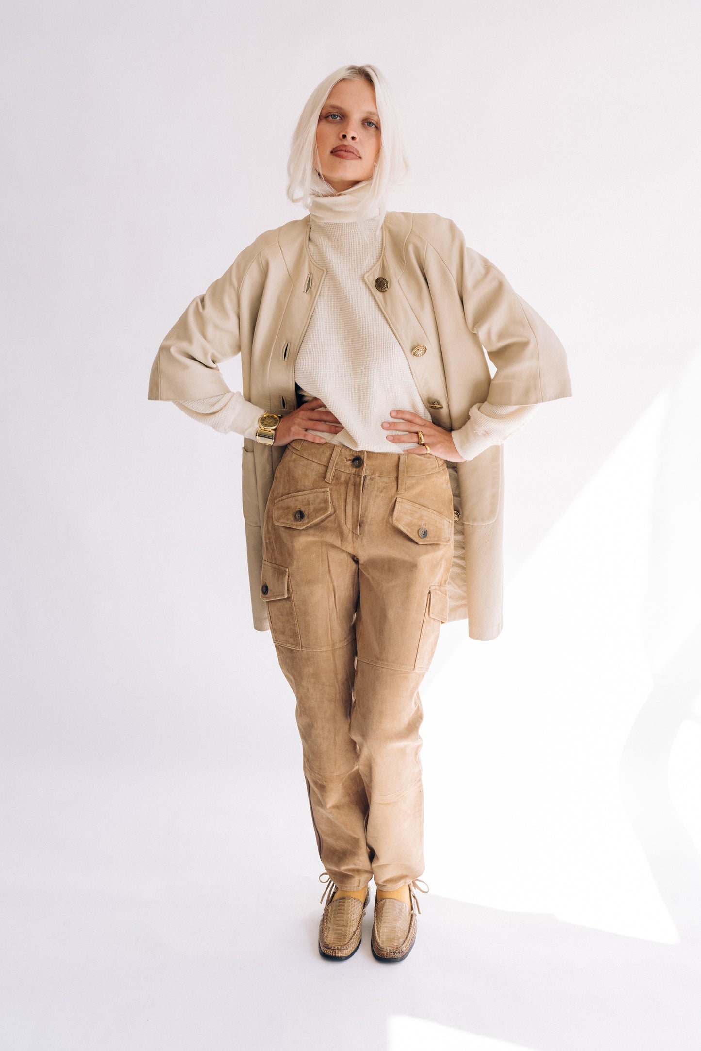 Camel suede cargo pants