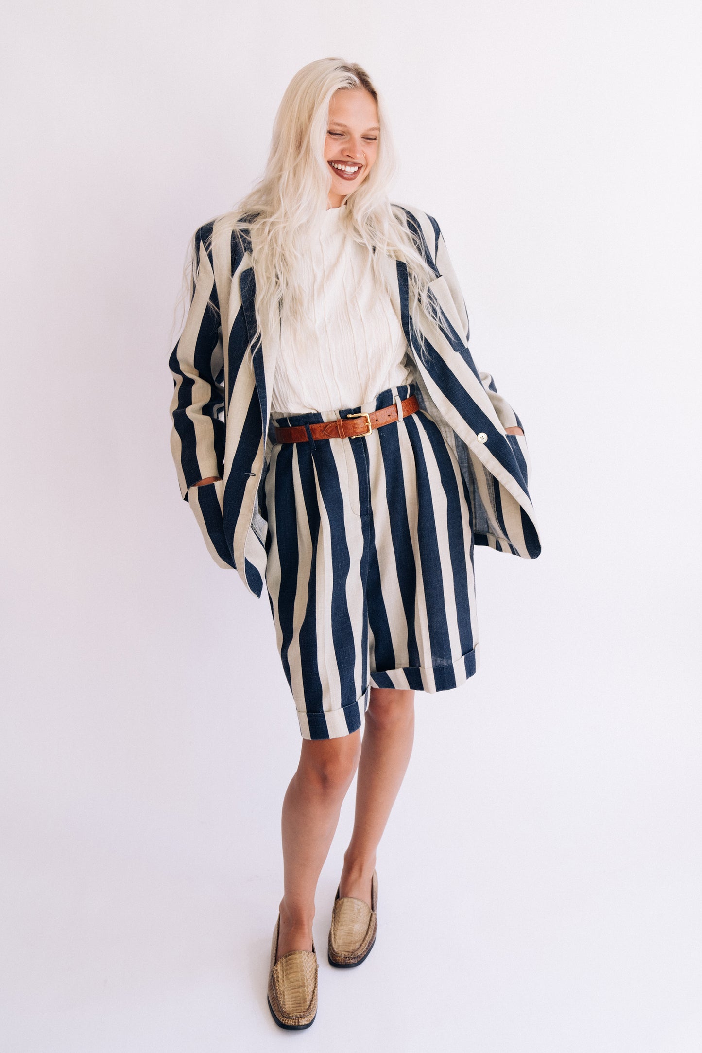 Jennifer Larke navy & oat striped short suit