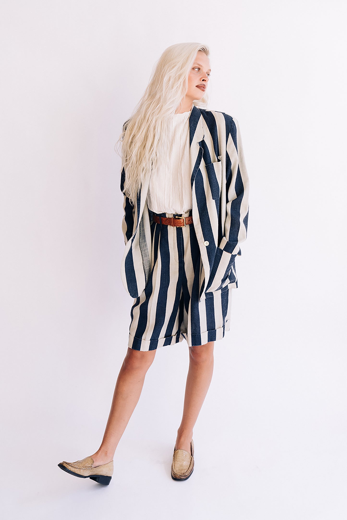 Jennifer Larke navy & oat striped short suit