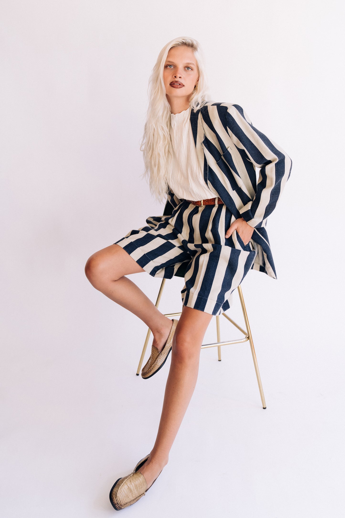 Jennifer Larke navy & oat striped short suit