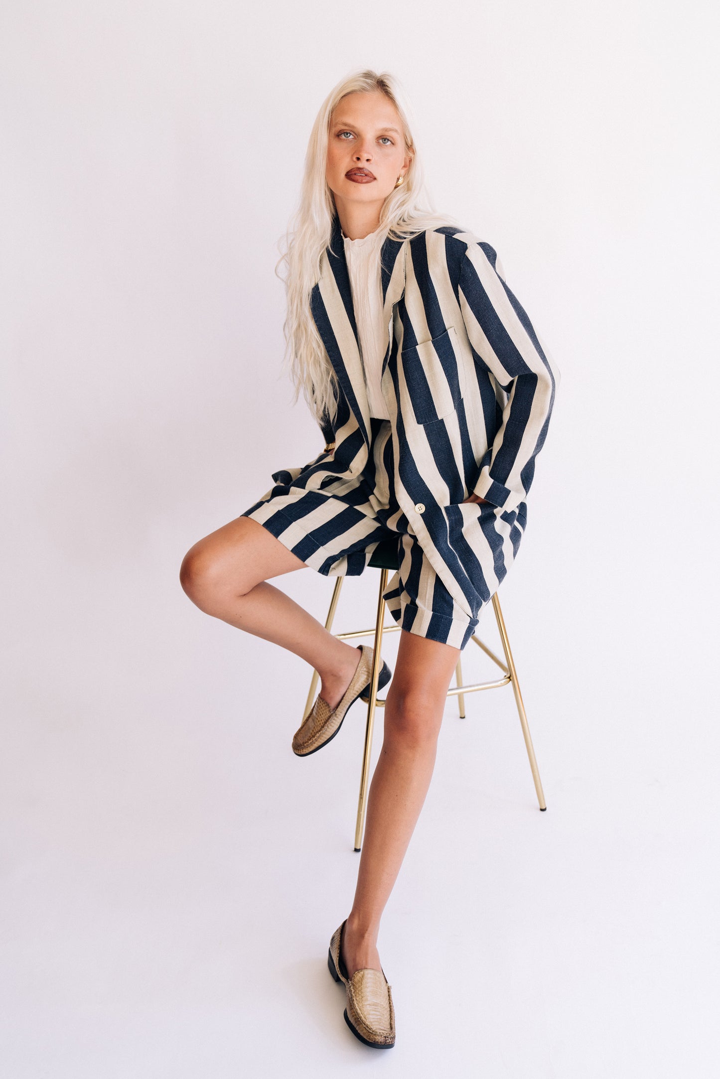 Jennifer Larke navy & oat striped short suit