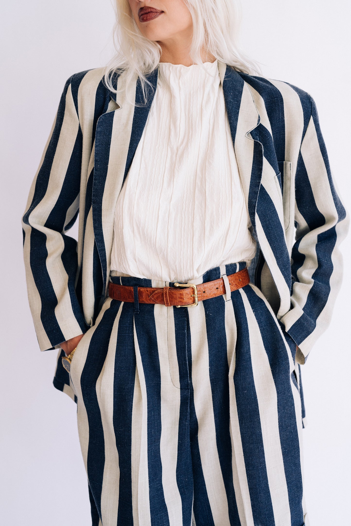 Jennifer Larke navy & oat striped short suit