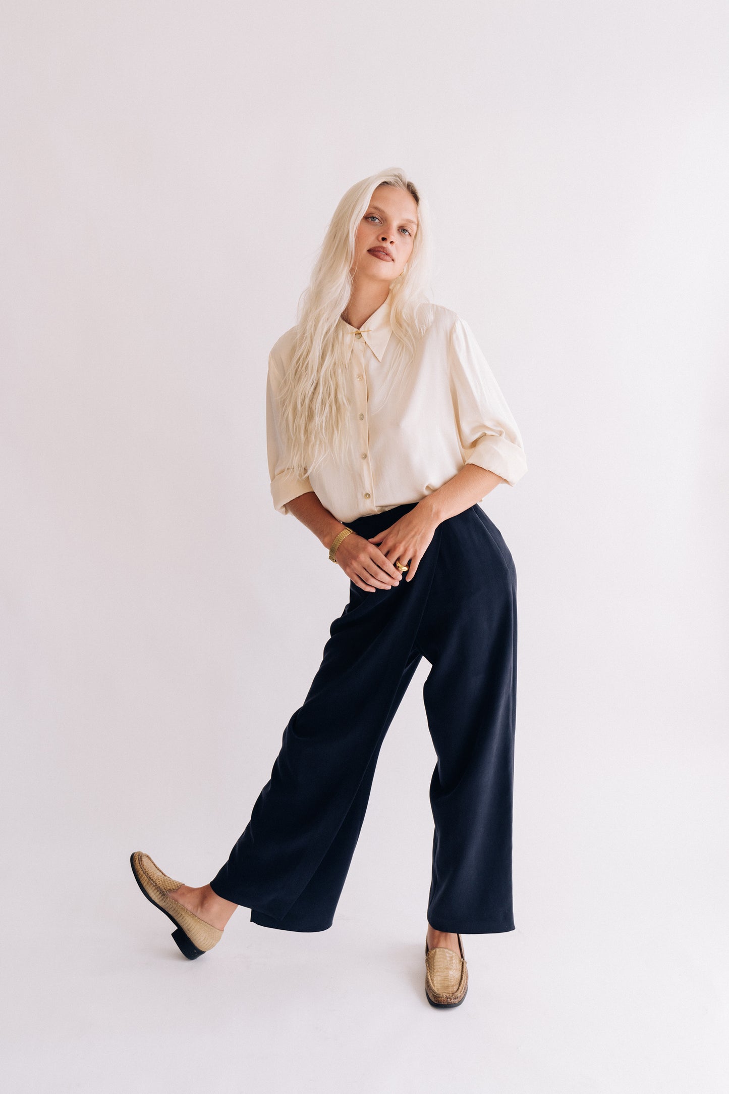 Valerie Stevens navy silk crossover pants