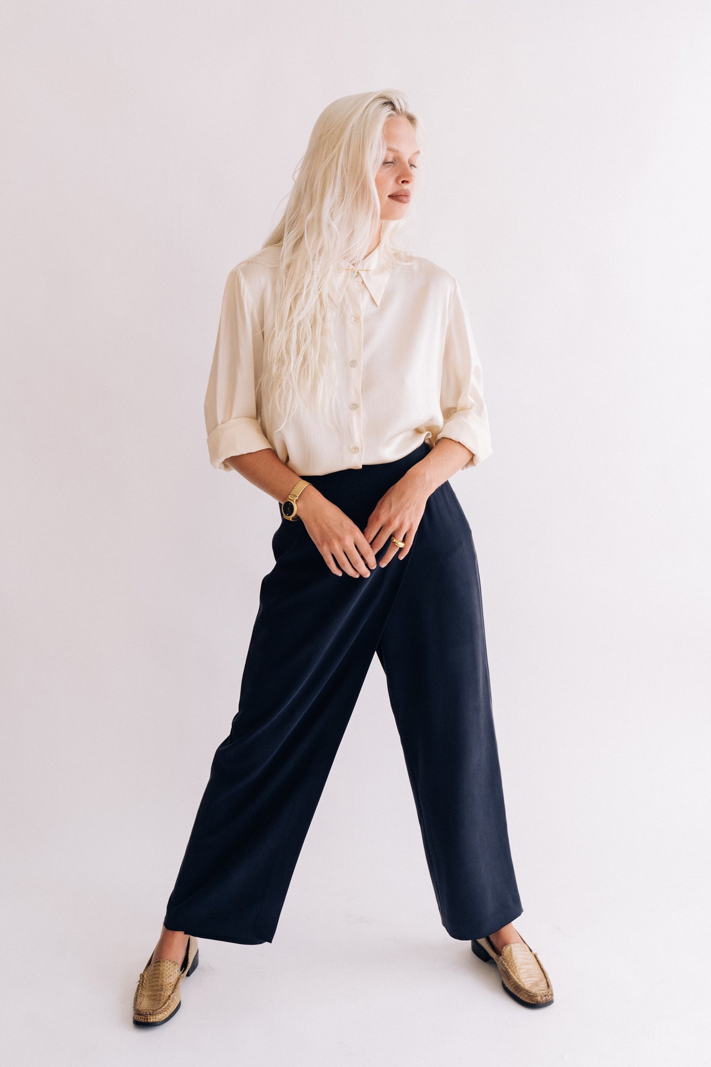 Valerie Stevens navy silk crossover pants