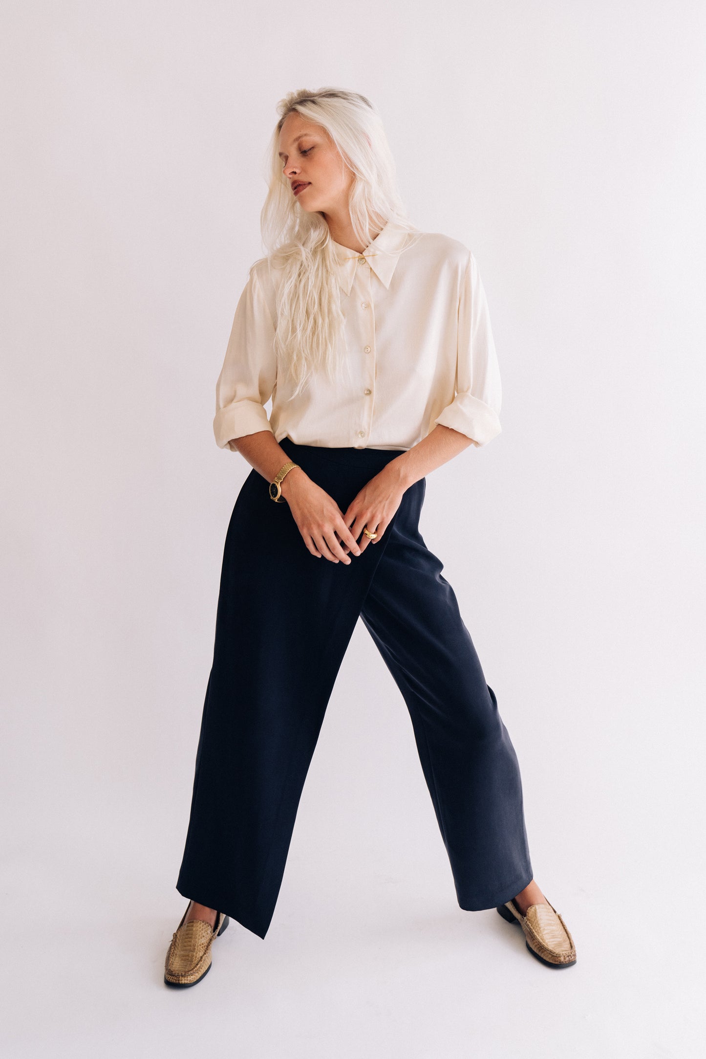 Valerie Stevens navy silk crossover pants