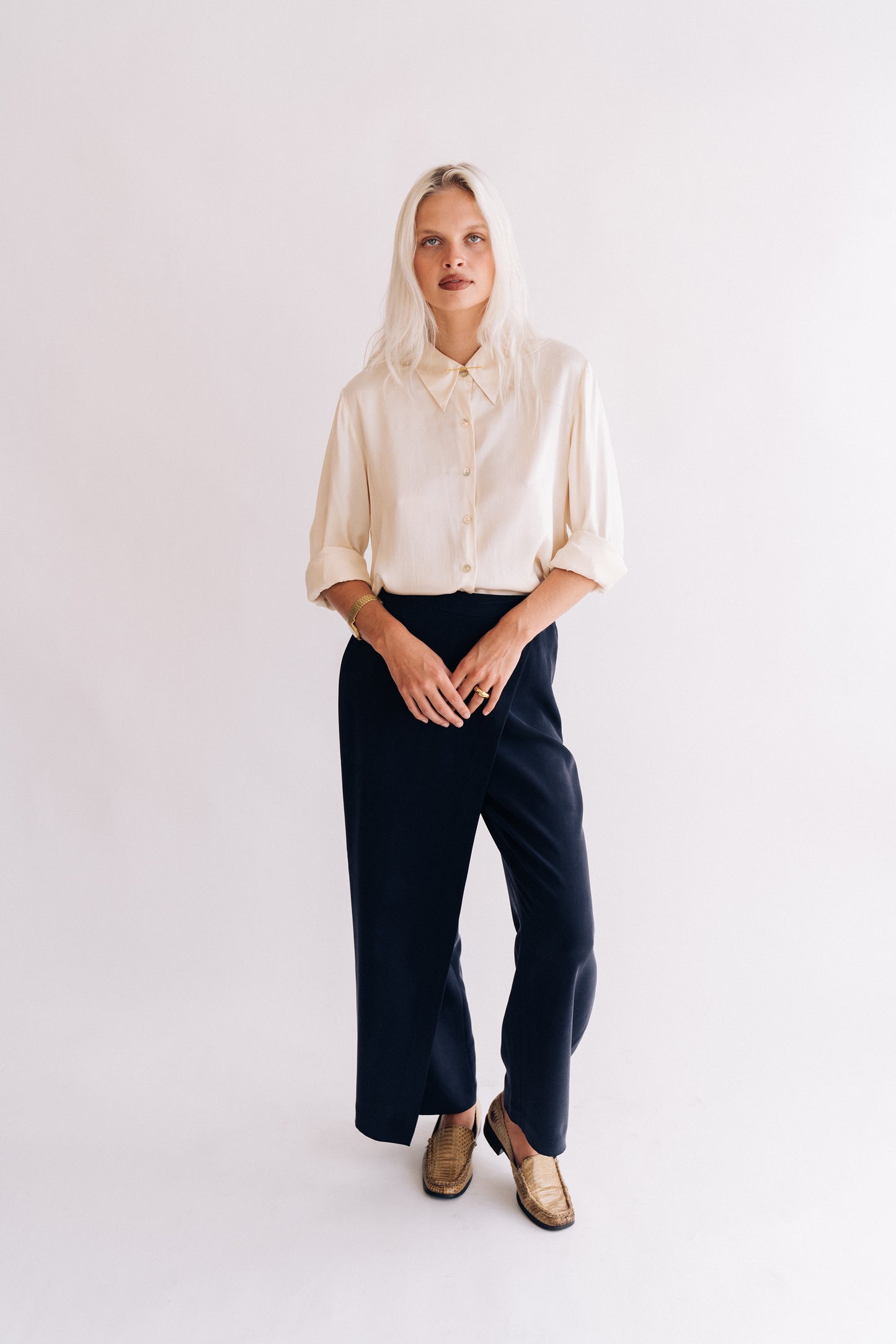 Valerie Stevens navy silk crossover pants