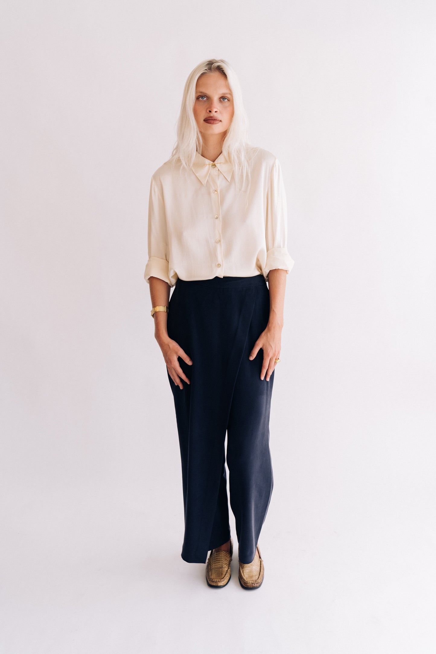 Valerie Stevens navy silk crossover pants