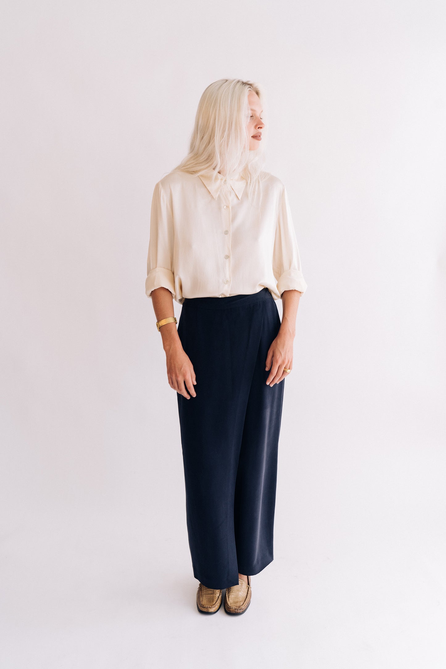 Valerie Stevens navy silk crossover pants