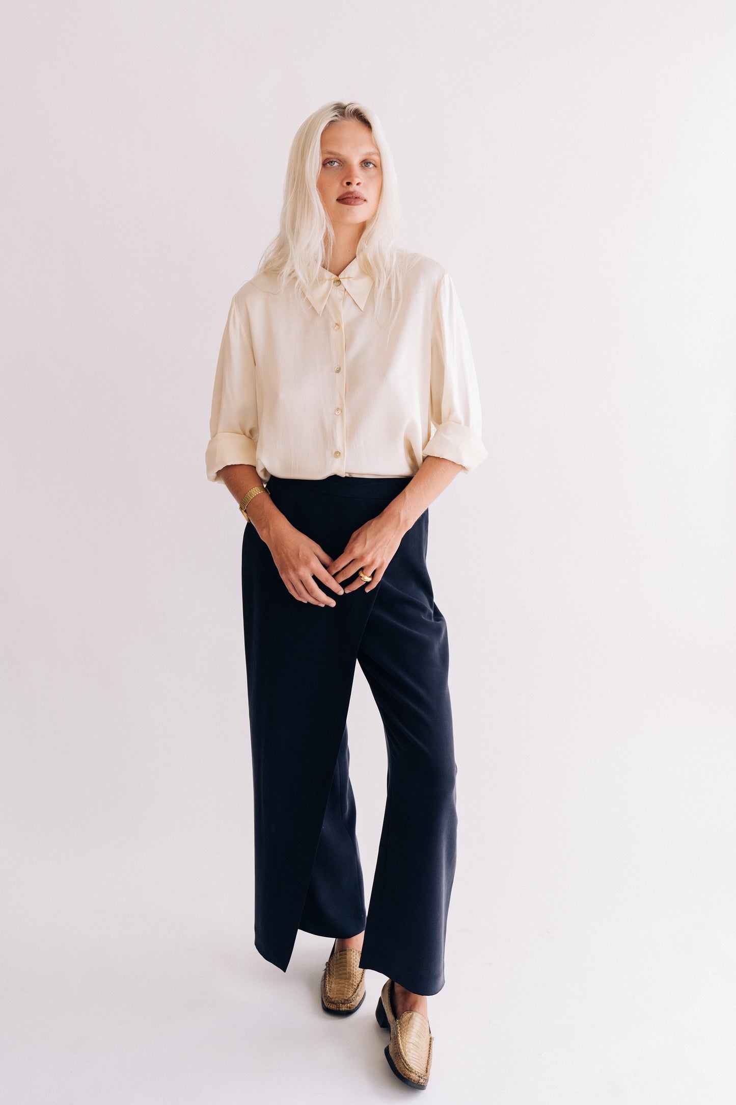 Valerie Stevens navy silk crossover pants