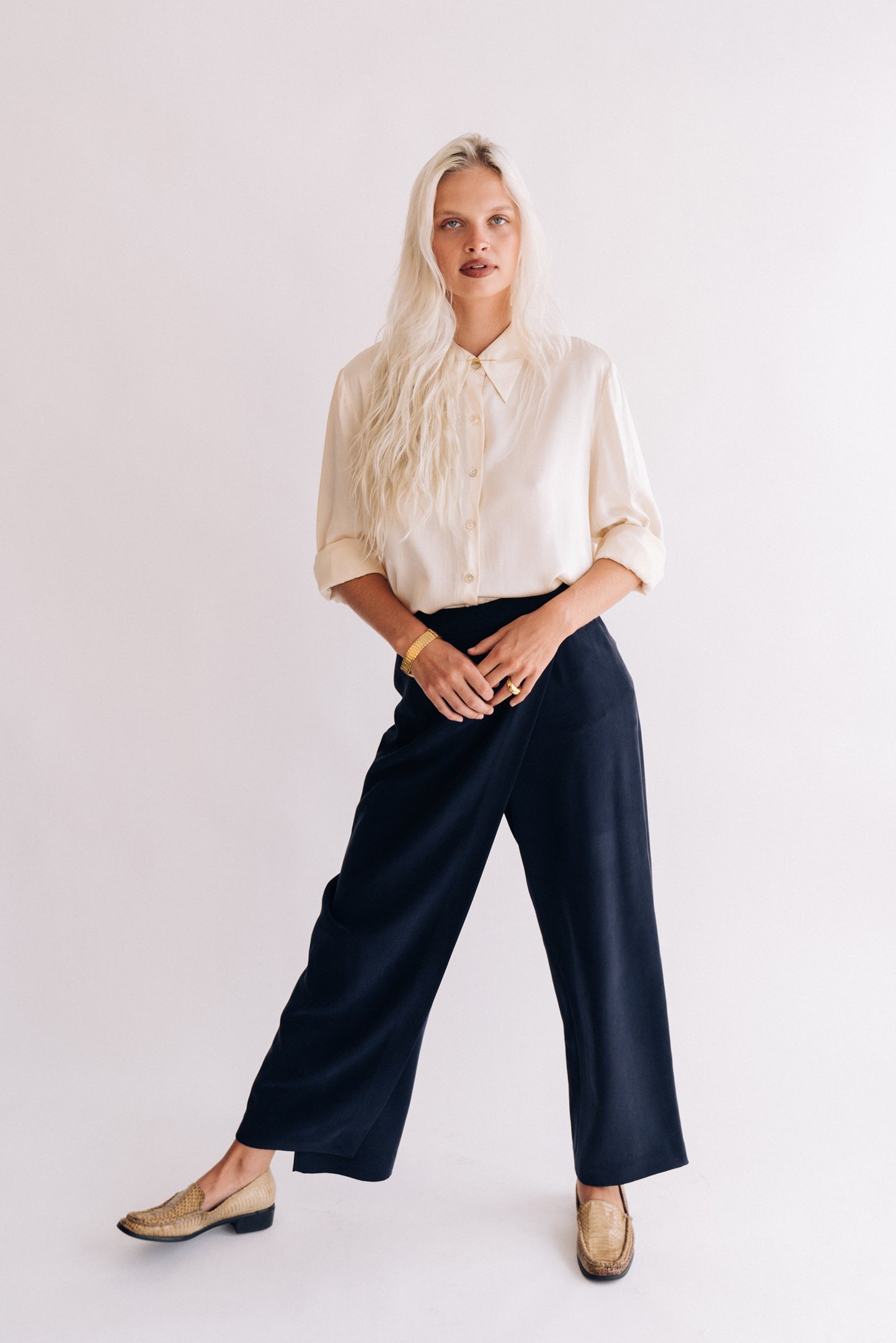 Valerie Stevens navy silk crossover pants