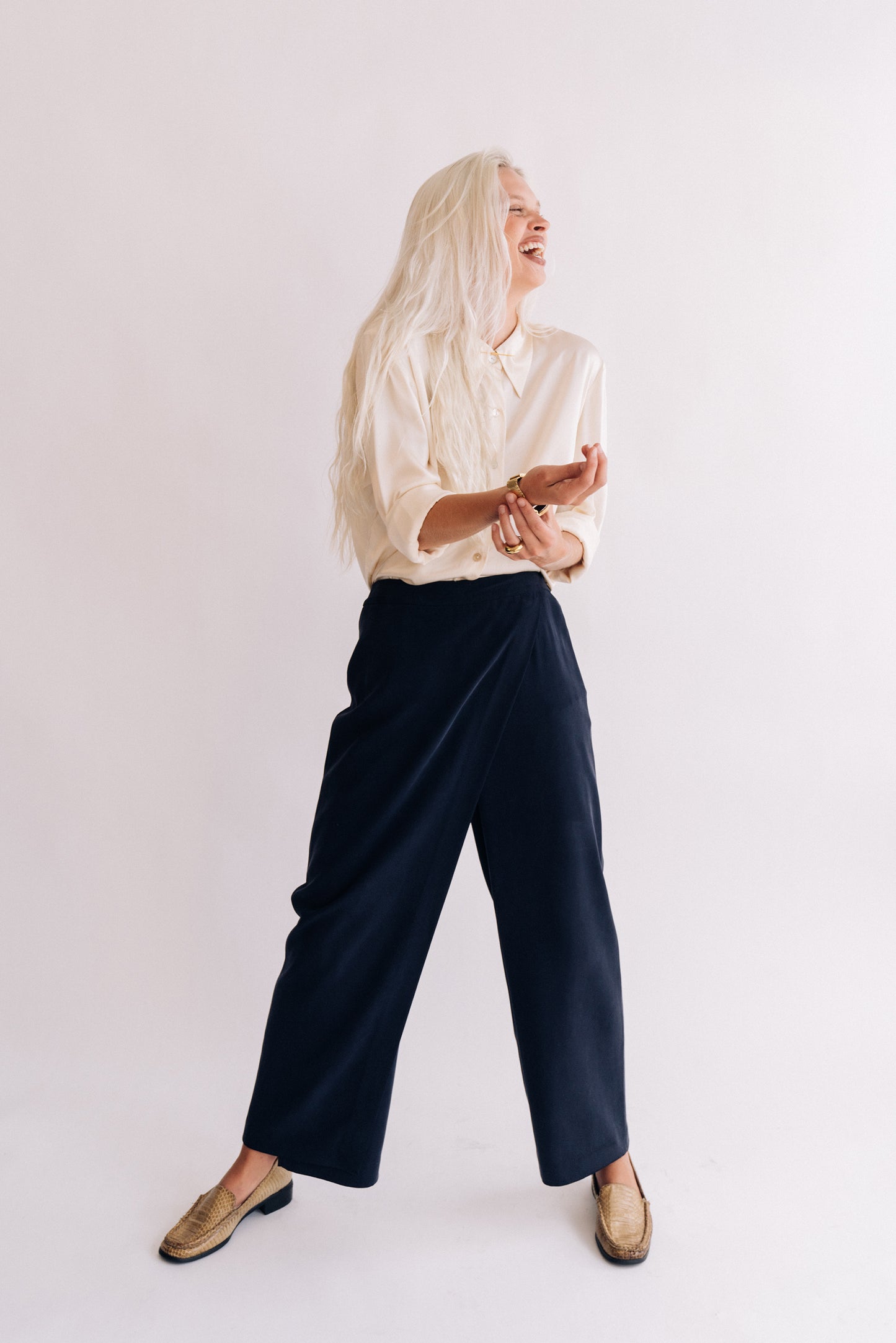 Valerie Stevens navy silk crossover pants