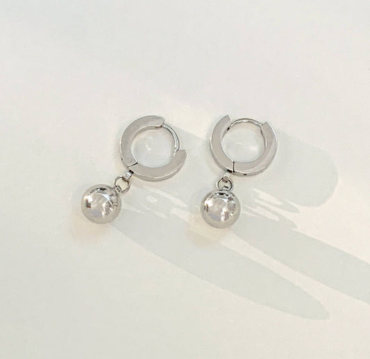 ELLIE SILVER BALL DROP HUGGIE EARRINGS